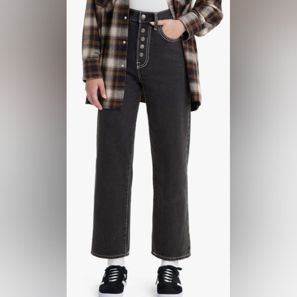 Levi's Black Straight Leg “Ribcage Straight Ankle” Button-Fly Jeans